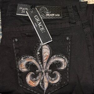 Grace Black Denim with Embroidered Fleur-de-Lis